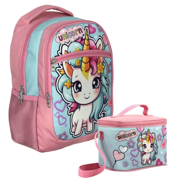 Cennec Bebek Unicorn Desenli Kız Çocuk Pembe Turkuaz İkili Çanta ve Beslenme Seti - SETUMT5048B ürün görseli 1