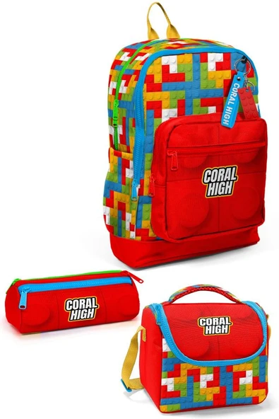Coral High Kids Renkli Blok Desenli 3'lü Okul Çanta Seti SET0123775 - Erkek ürün görseli 1