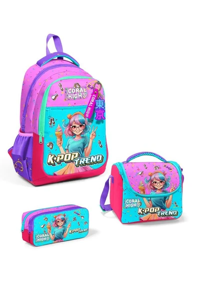 Coral High Kids Pembe Turkuaz K-Pop Desenli 3'lü Okul Çanta Seti SET0114427 - Kız ürün görseli 1