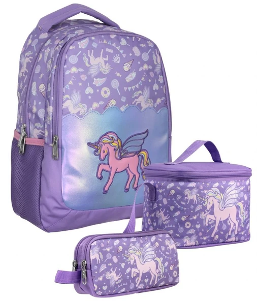 Cennec SETUMT5027A Üçlü İlkokul Çanta Seti (Lila - Nakışlı Unicorn Pegasus - Kız Çocuk - Parlak Kumaş) ürün görseli 1