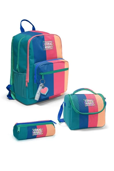 Coral High Renkli Çizgili 3'lü Okul Çanta Seti SET0123679 - Kız ürün görseli 1