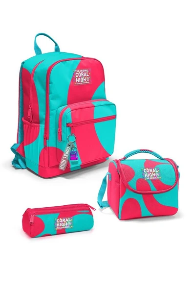 Coral High Neon Mercan Turkuaz Desenli 3'lü Okul Çanta Seti SET0123685 - Kız ürün görseli 1