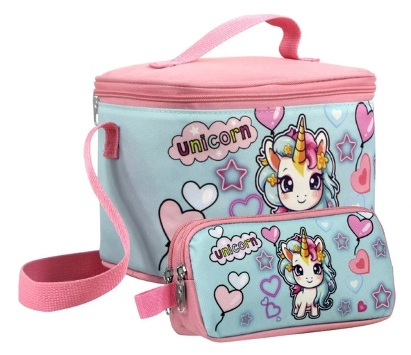 Cennec Kız Çocuk Bebek Unicorn Desenli Pembe Turkuaz Beslenme Çantası ve Kalemlik Seti ürün görseli 1