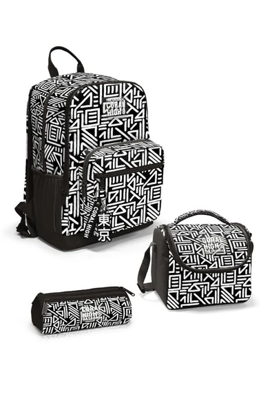 Coral High Siyah Beyaz Geomatrik Desenli 3'lü Okul Çanta Seti SET0123682 - Erkek ürün görseli 1