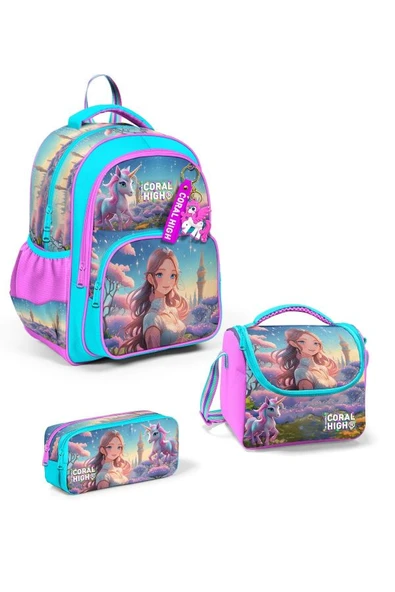 Coral High Kids Turkuaz Pembe Anime Kız Desenli 3'lü Okul Çanta Seti SET0114420 - Kız ürün görseli 1