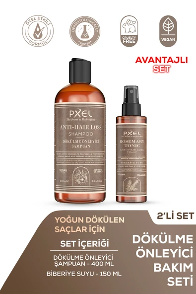 PXEL Dökülme Karşıtı Şampuan  Biberiye Suyu Saç Bakım Toniği 2’li Vegan Dökülme Önleyici Set ürün görseli 1