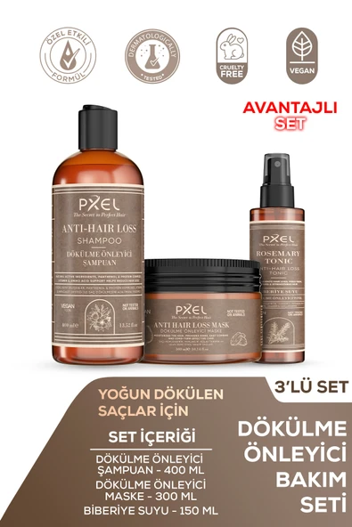 PXEL Dökülme Önleyici Şampuan  Maske  Biberiye Suyu Saç Bakım Toniği 3’lü Set ürün görseli 1