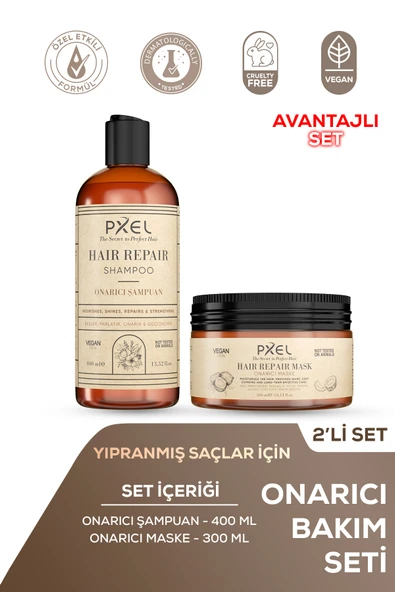 PXEL Onarıcı Şampuan Maske 2'li Vegan Onarıcı Saç Bakım Seti ürün görseli 1