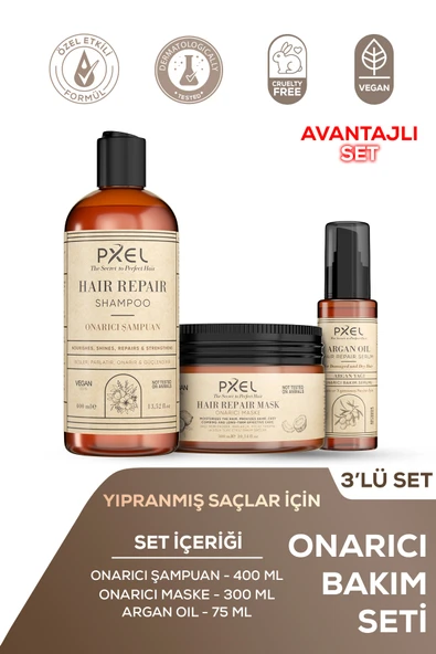 PXEL Onarıcı Şampuan Maske Argan Serum 3’lü Vegan Onarıcı Saç Bakım Seti ürün görseli 1