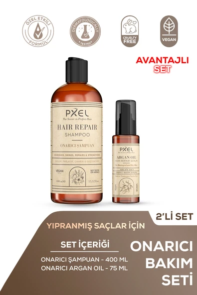 PXEL Onarıcı Şampuan  Argan Serum 2’li Vegan Onarıcı Saç Bakım Seti ürün görseli 1