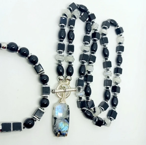 2362 Ay taşı Akik Oniks Obsidyen Hematit Erkek kolye bileklik el yapımı set ürün görseli 1