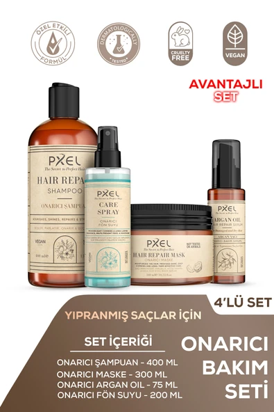 PXEL Onarıcı Şampuan  Maske  Argan Yağı Serum  Fön Suyu 4’lü Vegan Onarıcı Set ürün görseli 1