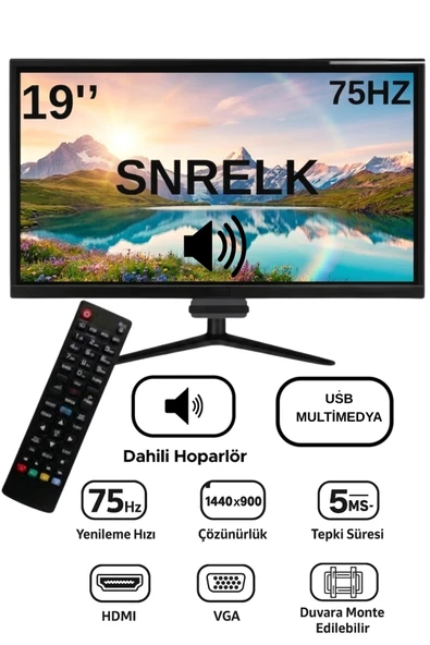 SNRELK 19" SESLİ sencrom DAHİLİ HOPARLÖR 12V (KUMANDALI) Geniş Ekran 75 Hz 5ms (VGA,HDMI) Led Monitör ürün görseli 1