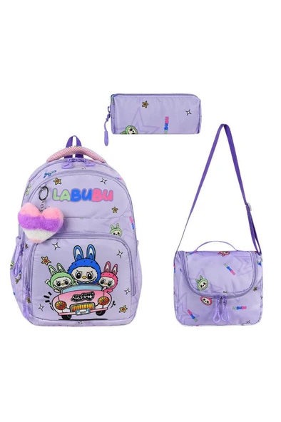 Labubu İlkokul Çantası 3'lü Set 42*30 Cm Beslenme Çantası Kalem Kutusu Ortopedik Su İtici Kumaş ürün görseli 1