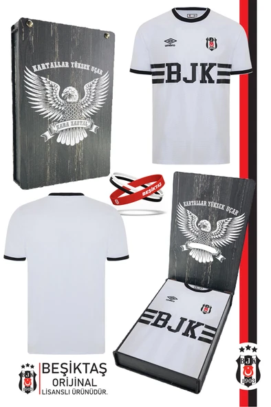 Beşiktaş Orijinal Lisanslı Nostalji Beyaz Bjk Çocuk Forma + Bileklik Set Hediyelik Ahşap Kutulu ürün görseli 1