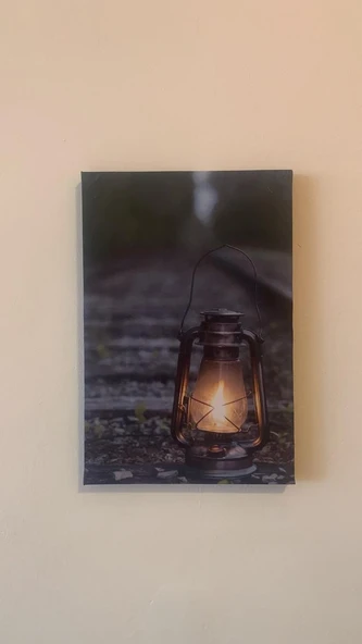 Tren Raylarında Gaz Lambası Natürel Tasarım Ahşap Çerçeve Ev İşyeri Duvar Kanvas Tablo LMB2 ürün görseli 1