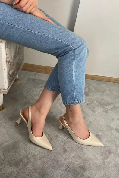 Kadın Motto Kıren Cilt Sivri Burun Arkası Acık 8 cm Topuklu Ayakkabı ürün görseli 1