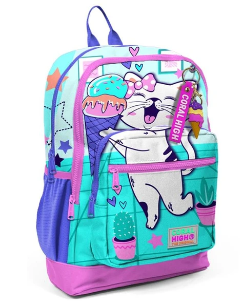 Coral High Kids Turkuaz Pembe Dondurmalı Kedi Desenli Okul Sırt Çantası 23751 ürün görseli 1