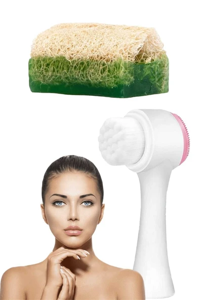 2'li Tüm Cilt Bakım Seti Kabak Lifli Aloe Vera Sabun Çift Taraflı Yüz Temizleme Fırçası ürün görseli 1