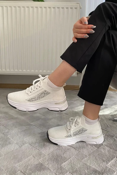 Kadın Fabri Beyaz Triko Taşlı Spor Ayakkabı & Sneaker ürün görseli 1