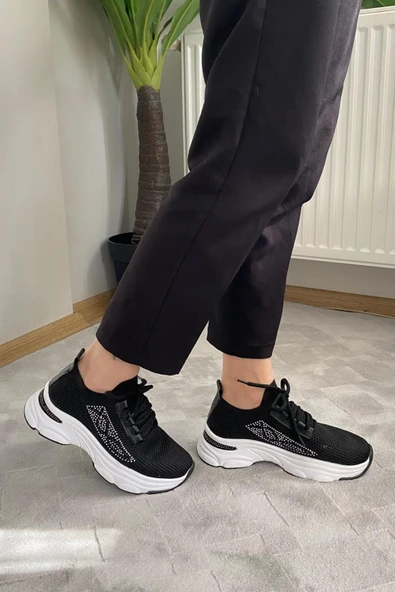 Kadın Fabri Siyah Triko Beyaz Tabanlı Taşlı Spor Ayakkabı & Sneaker ürün görseli 1