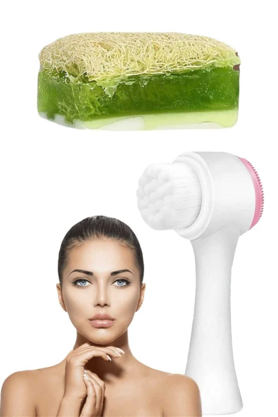 2'li Cilt Bakım Kabak Lifli Keçi Sütü Aloe Vera Sabun Çift Taraflı Yüz Temizleme Fırçası ürün görseli 1