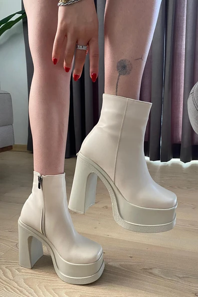 Kadın Sidney Krem 12 cm Platform Topuklu Fermuarlı Bot - Resim 2