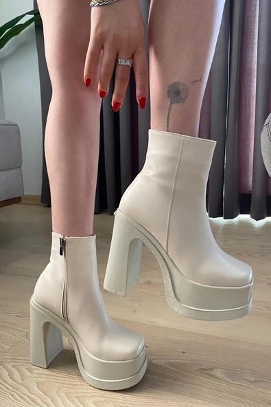 Kadın Sidney Krem 12 cm Platform Topuklu Fermuarlı Bot - Resim 4