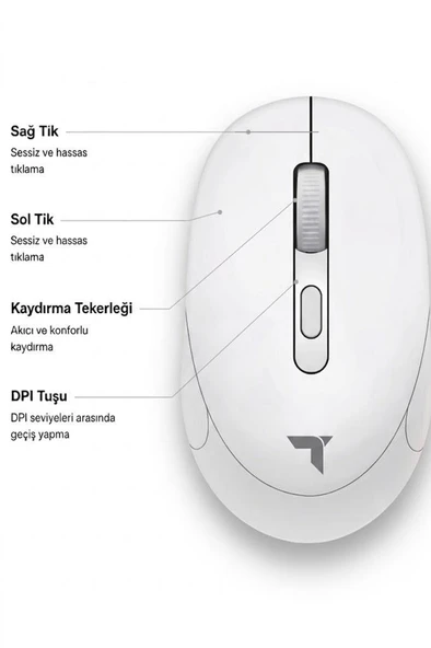 Mouse Çift Modlu Sessiz Kablosuz Fare TM17 Beyaz - Resim 4