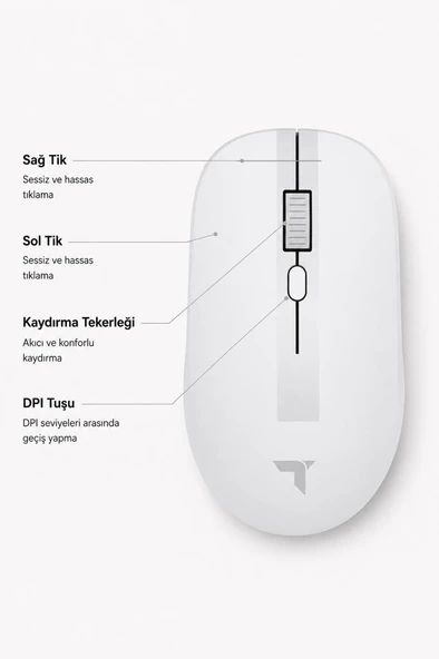 Mouse Çift Modlu Sessiz Kablosuz Fare TM18 Beyaz - Resim 4