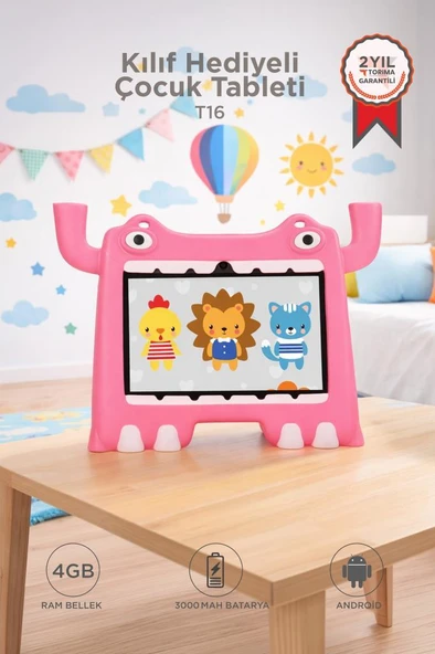 Tablet 4GB 128GB Android 13 Kılıf Hediyeli Çocuk Tableti T16 Pembe ürün görseli 1
