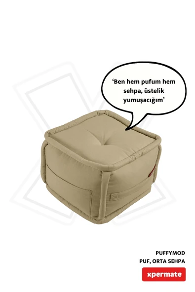 XPERMATE PuffyMod Dekoratif Kare Puf Orta Sehpa Ayak Uzatma Puf 40x40 cm Bej ürün görseli 1