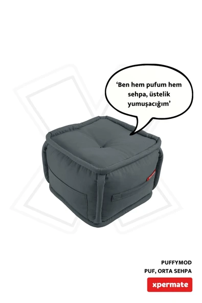 XPERMATE PuffyMod Dekoratif Kare Puf Orta Sehpa Ayak Uzatma Puf 40x40 cm Gri ürün görseli 1