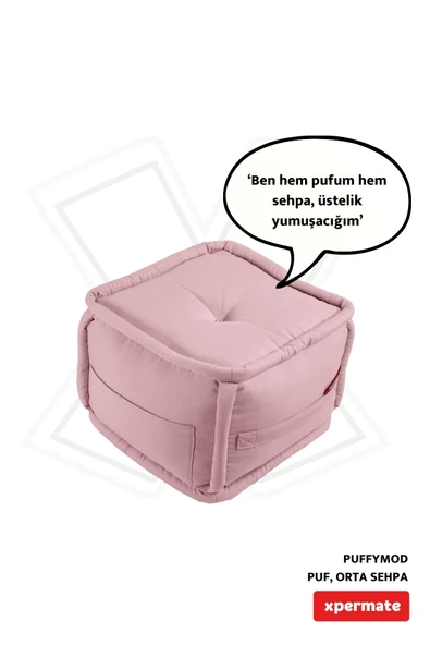 XPERMATE PuffyMod Dekoratif Kare Puf Orta Sehpa Ayak Uzatma Puf 40x40 cm Pembe ürün görseli 1
