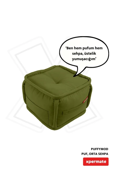 XPERMATE PuffyMod Dekoratif Kare Puf Orta Sehpa Ayak Uzatma Puf 40x40 cm Yeşil ürün görseli 1