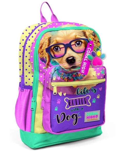Coral High Kids Sarı Pembe Sevimli Köpek Desenli Okul Sırt Çantası 23752 ürün görseli 1