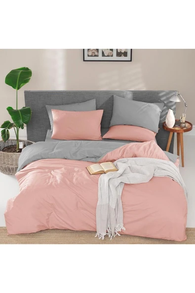 mer-tim ezberbozan ev tekstili Mer-tim Ranforce Tek Kişilik Small Size Çift Taraflı Nevresim Yorgan Kılıfı 135x200 Pembe - Gri ürün görseli 1