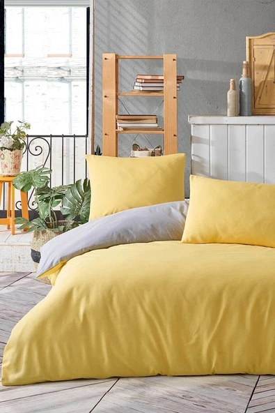 mer-tim ezberbozan ev tekstili Mer-tim Pamuklu Ranforce Tek Kişilik Small Size 135x200 Çift Taraflı Nevresim Yorgan Kılıfı Sarı-gri ürün görseli 1
