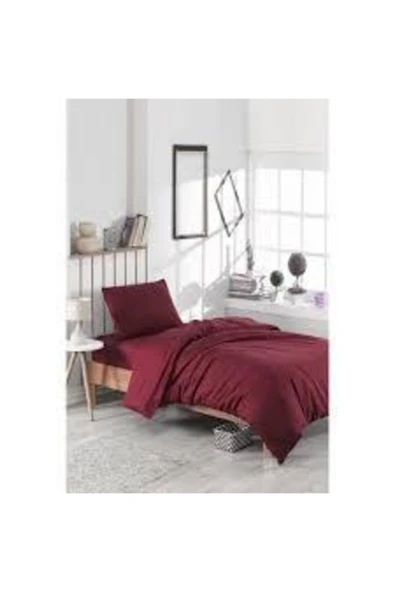 mer-tim ezberbozan ev tekstili Tek Kişilik Lastikli Nevresim Takımı Pamuklu Ranforce 160 X 220 - Bordo ürün görseli 1