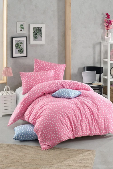mer-tim ezberbozan ev tekstili Mer-tim Tek Kişilik Lastiksiz Pembe Yıldız Desenli Pamuklu Ranforce Nevresim Takımı - 160 X 220 ürün görseli 1
