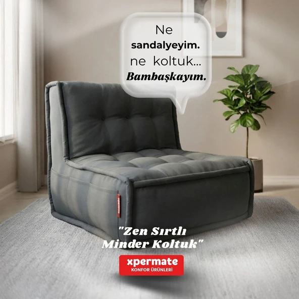 Xpermate Sırtlı Pofidik Minder Koltuk Yer Koltuğu Sırt Destekli Oturma Minderi 80x60 Yıkanabilir Fermuarlı Antrasit ürün görseli 1