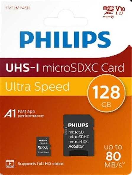 Philips FM12MP45B/00 128GB Class10 UHS-I U1 TF Adaptörlü Micro SDXC Hafıza Kartı ürün görseli 1