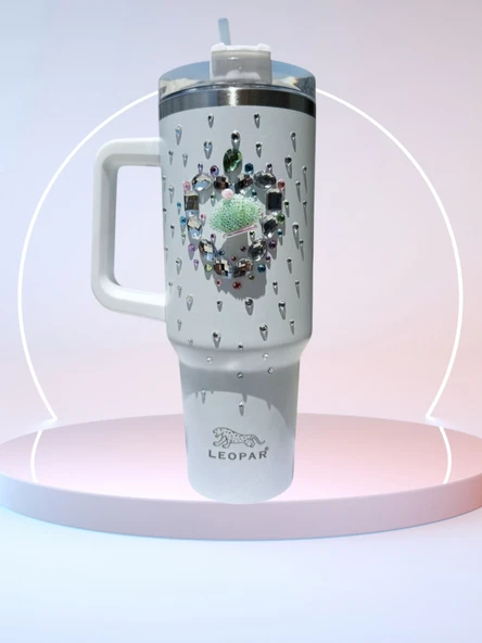Pipetli 1,2 litre Kulplu Çelik Termos Renkli Üzeri Taş İşlemeli ürün görseli 1