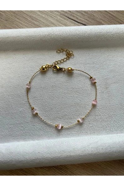 Minimal Pembe Kedi Gözü El Yapımı Altın Kaplama Bileklik ürün görseli 1