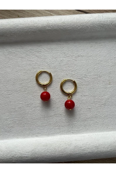 8 mm Mercan Taşı Çelik Halka Küpe El Yapımı ürün görseli 1