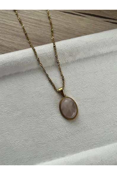 Pembe Kuvars Taşı Çelik Kolye El Yapımı ürün görseli 1
