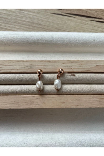 Gerçek İnci Bakır Rose Gold Top Küpe El Yapımı ürün görseli 1