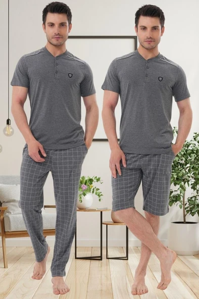 Mecit 2980 Füme Büyük Beden 3 Parça Erkek Şortlu Pijama Takımı ürün görseli 1