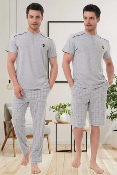 Mecit 2980 Gri Büyük Beden 3 Parça Erkek Şortlu Pijama Takımı ürün görseli 1