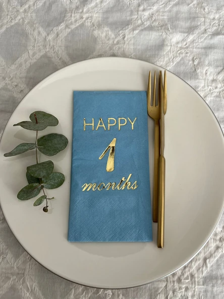 Gold Yaldızlı Mavi Happy 1 Yaş Months Garson Katlama Peçete 16 Adet ürün görseli 1